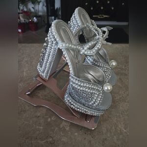 Azalea Wang Something Blue pearl embellished platform heeled sandals.  Size 8.5